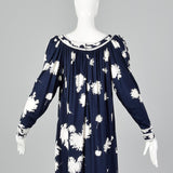 1980s Leonard Paris Navy Blue Floral Dress