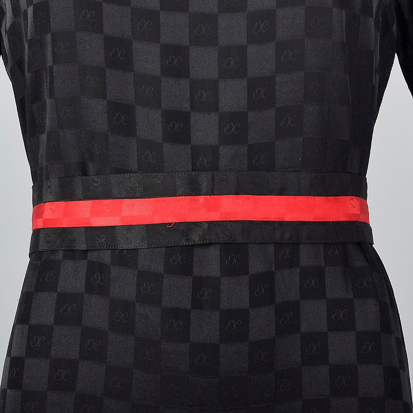 1980s Oleg Cassini Black Silk Dress with Red Trim
