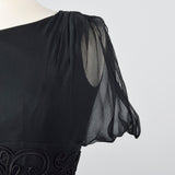 1950s Black Silk Dress with Soutache Trim Waist