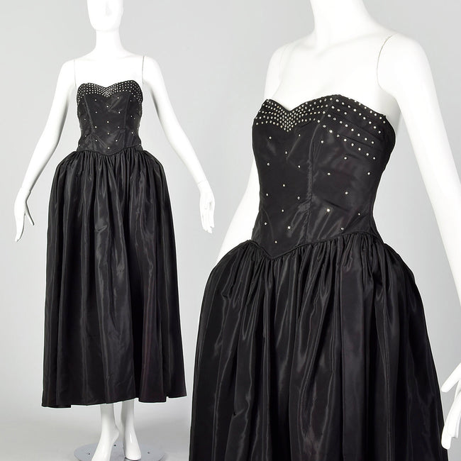 XXS 1940s Black Taffeta Evening Gown Formal Party Dress with Panniers and Rhinestone Studded Bodice