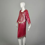 Small 1990s Silk Pink Silver Red Cocktail Dress Loose Fitting Sequin Beaded Evening Chemise