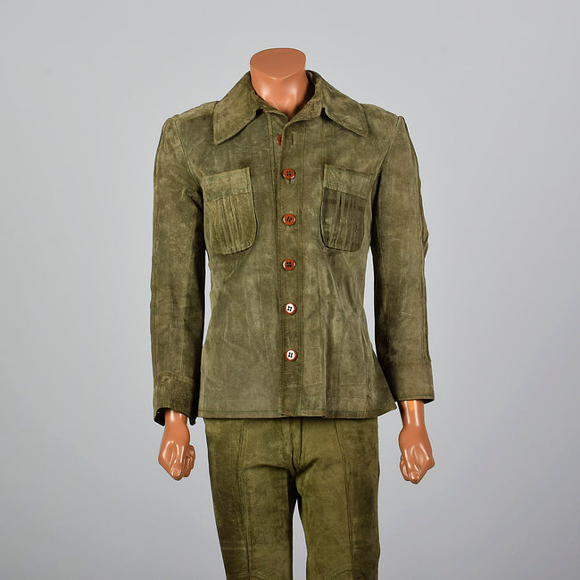 1970s Mens Green Split Hide Safari Suit
