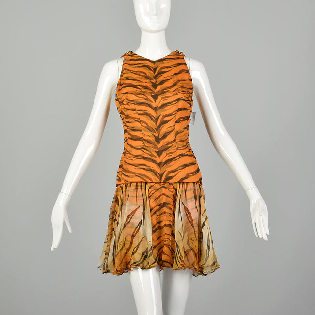 Small 1960s Tiger Stripe Outfit Silk Animal Print Two Piece Dress