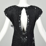 Medium 1980s Black Silk Beaded Dress Cocktail Party Keyhole Back