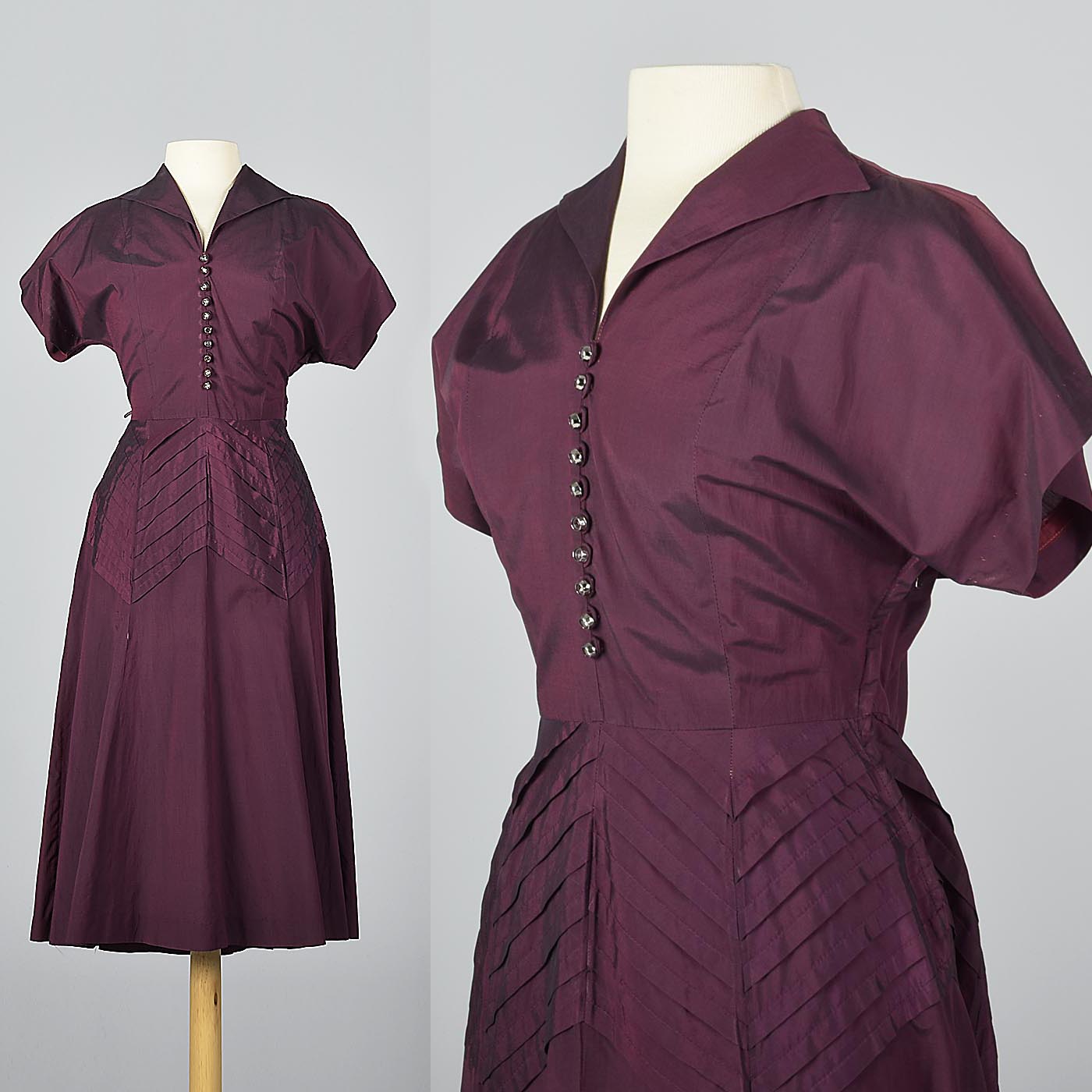 1950s Plum Sharkskin Dress with Chevron Pleats