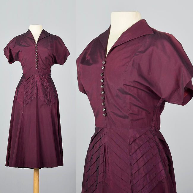 1950s Plum Sharkskin Dress with Chevron Pleats