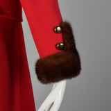 XS 1960s Mink Fur Trim Red Winter Coat Mod Double Breasted A-Line
