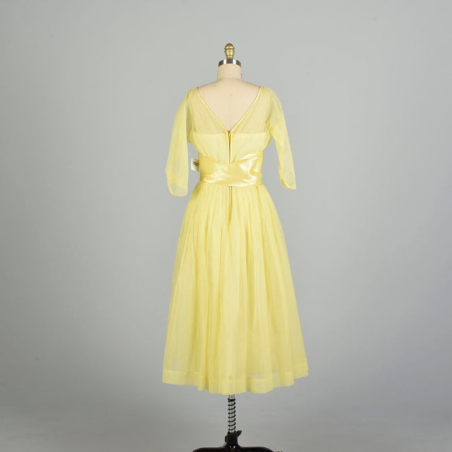 Medium 1950s Lemon Yellow Semi-Sheer Cummerbund Evening Party Prom Dress