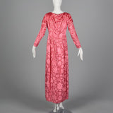 1970s Richilene Pink Burnout Velvet Empire Waist Evening Dress