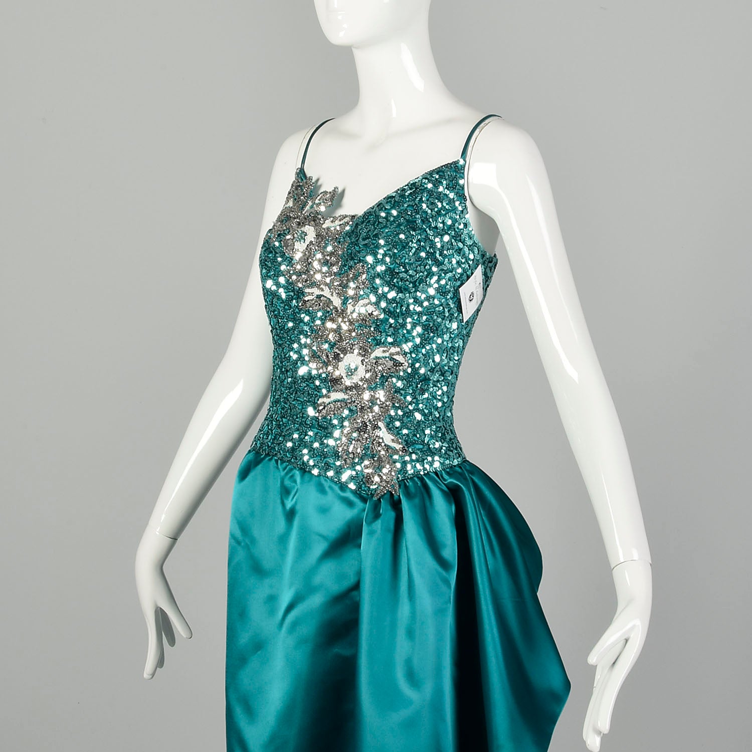 Small 1980s Mike Benet Teal Sequin Maxi Gown Formal