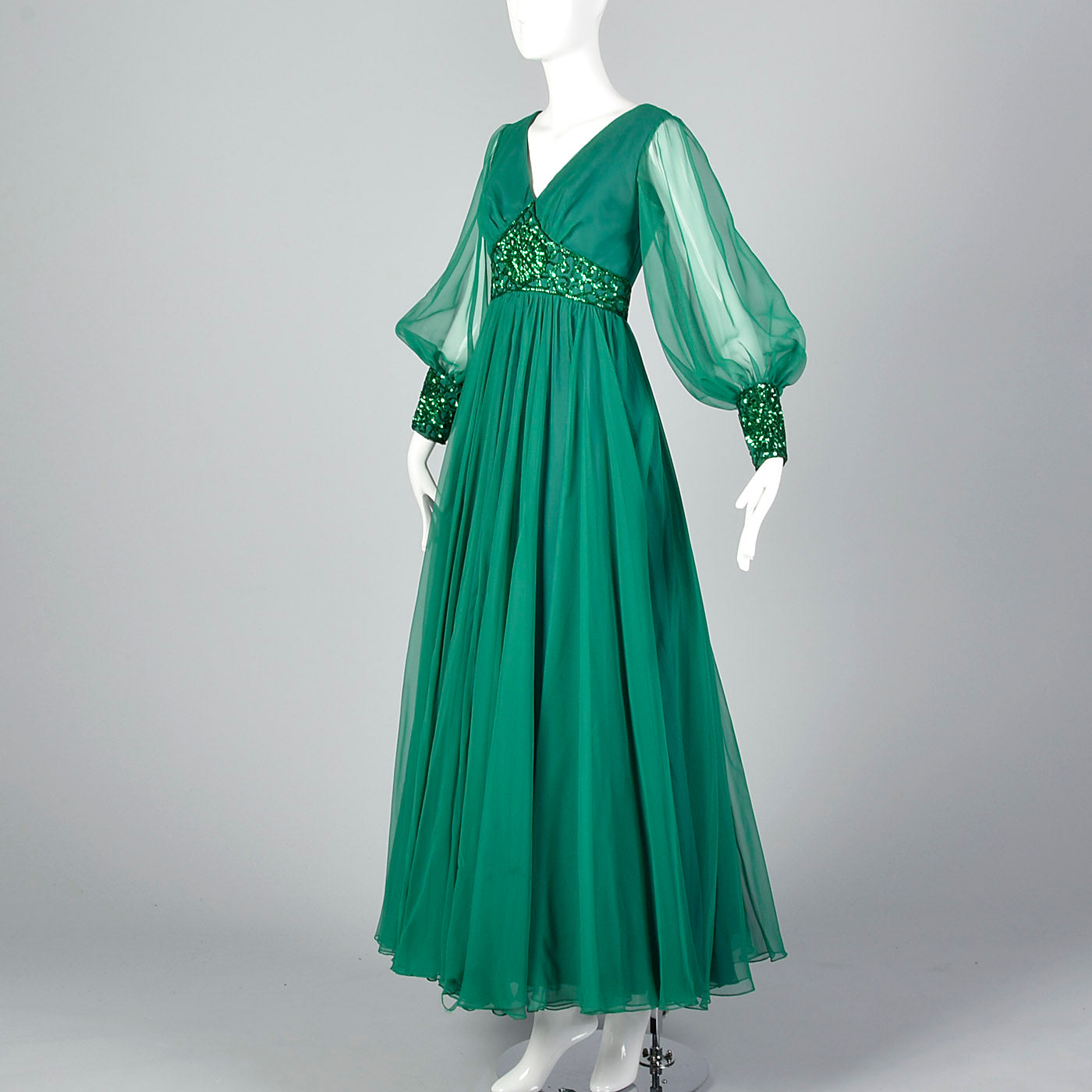 1970s Emerald Green Gown with Bishop Sleeves