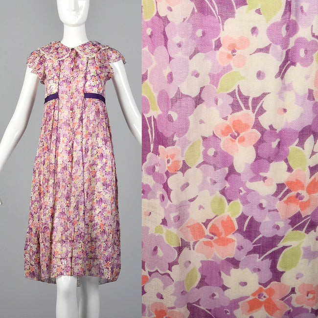 1930s Purple Day Dress in a Sheer Floral Print