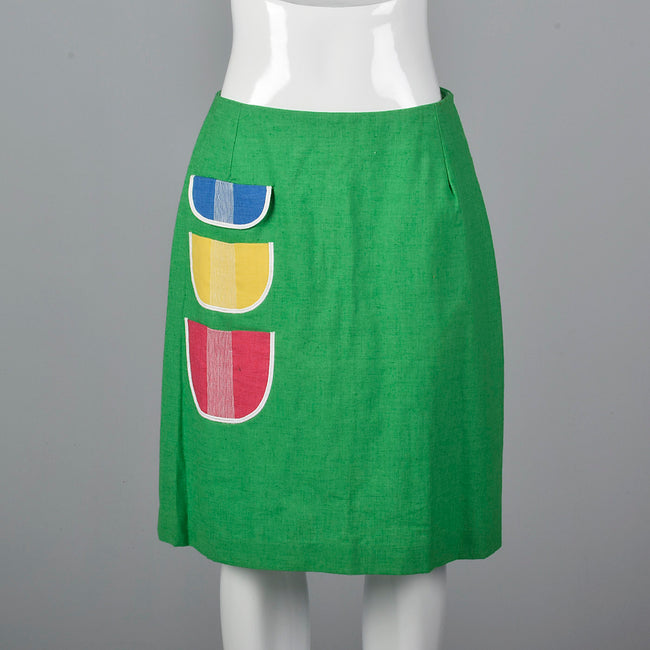 1960s Deadstock Green Mini Skirt with Patch Pockets