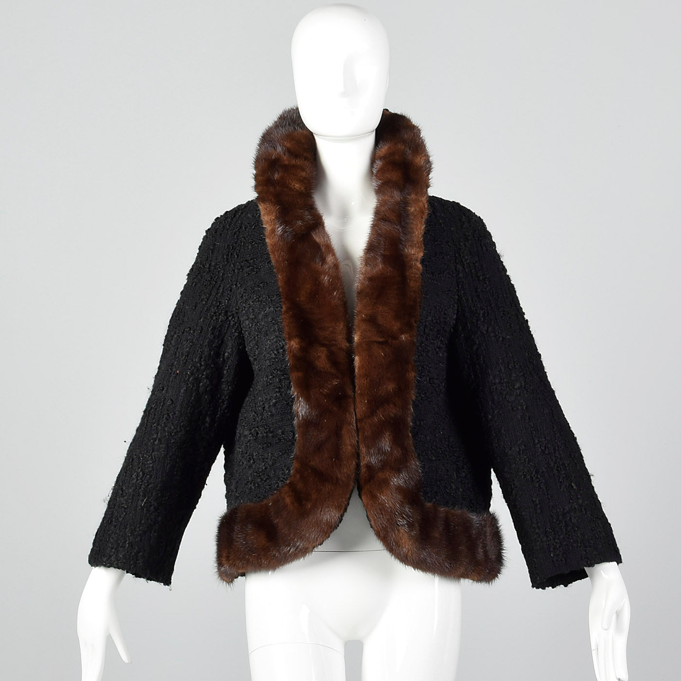 1950s Black Boucle Wool Coat with Mink Trim