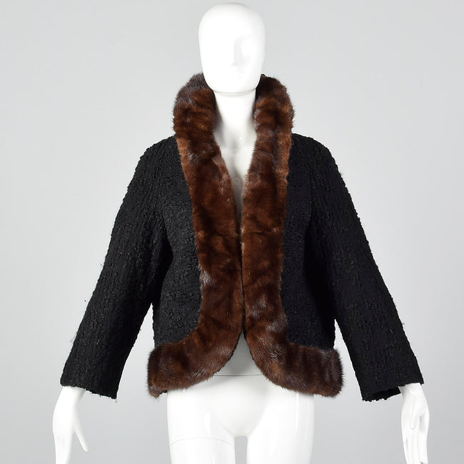 1950s Black Boucle Wool Coat with Mink Trim