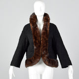 1950s Black Boucle Wool Coat with Mink Trim