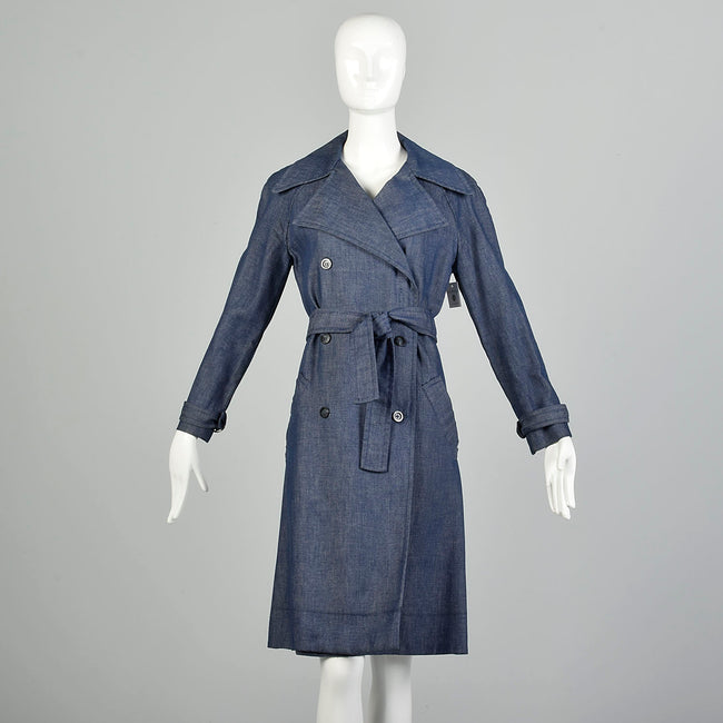 Small 1970s Denim Trench Coat  Double Breasted Knee Length Jean Jacket
