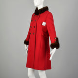 XS 1960s Mink Fur Trim Red Winter Coat Mod Double Breasted A-Line