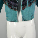 Medium Denim Jacket 1980s Bolero Fringe Jean Teal Southwestern