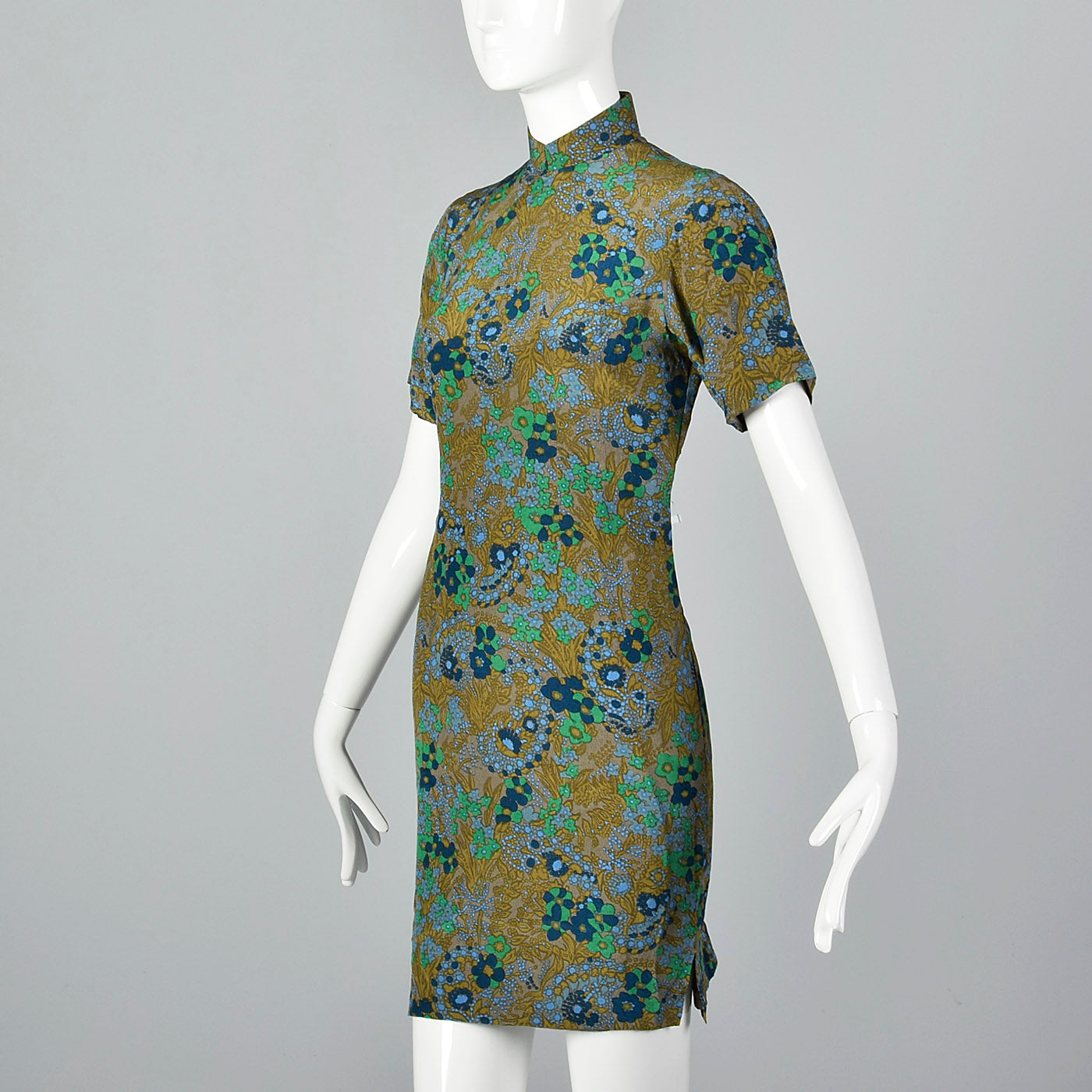 1960s Green and Blue Floral Dress with Mandarin Collar