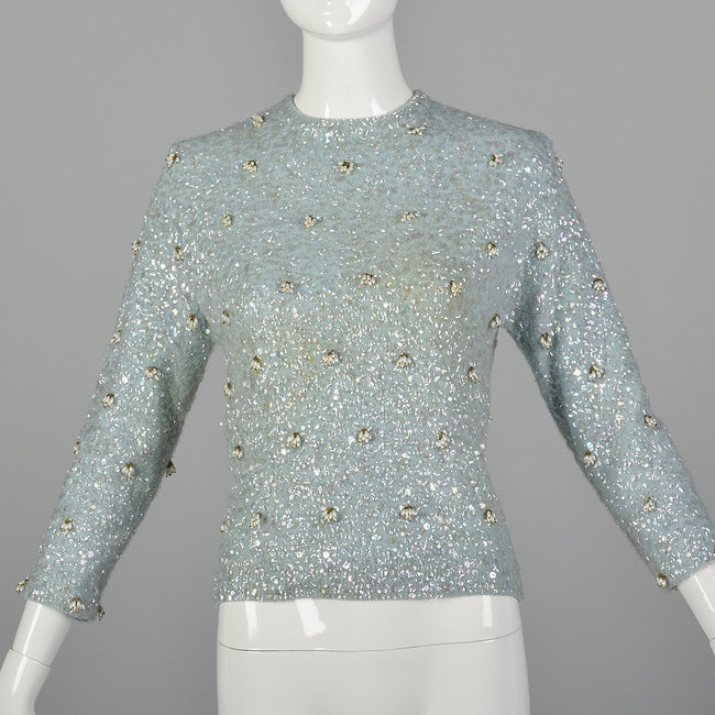 XS 1960s Fully Beaded and Sequined Blue Sweater
