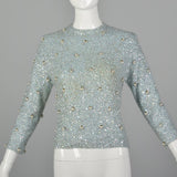 XS 1960s Fully Beaded and Sequined Blue Sweater