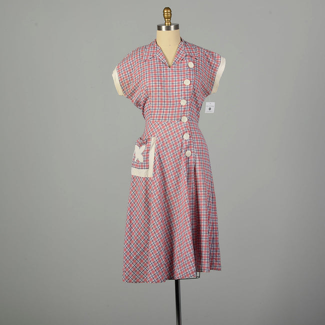 Large 1950s Day Dress Asymmetrical Red Plaid Cotton Tie Back Waist