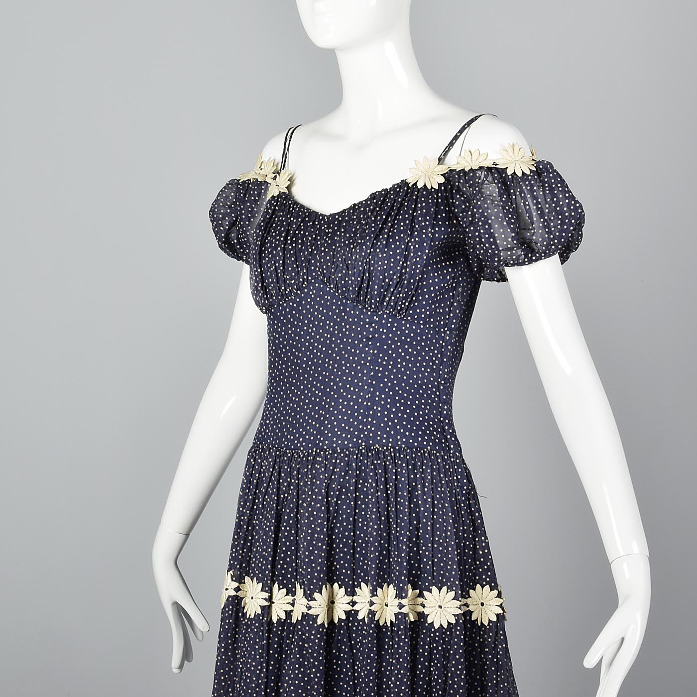 1940s Blue Flocked Swiss Dot Dress