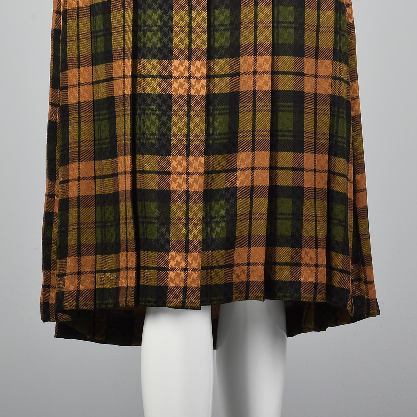 Galanos Pleated Silk Dress in Plaid with Bishop Sleeves