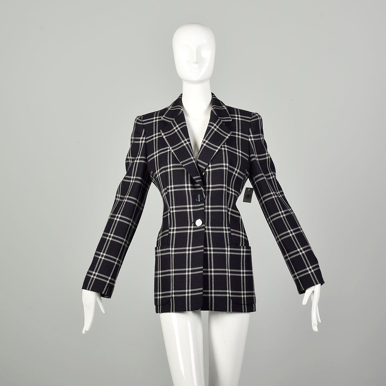 Large 1990s Louis Feraud Plaid Jacket Lightweight Wool Blazer Navy Gray