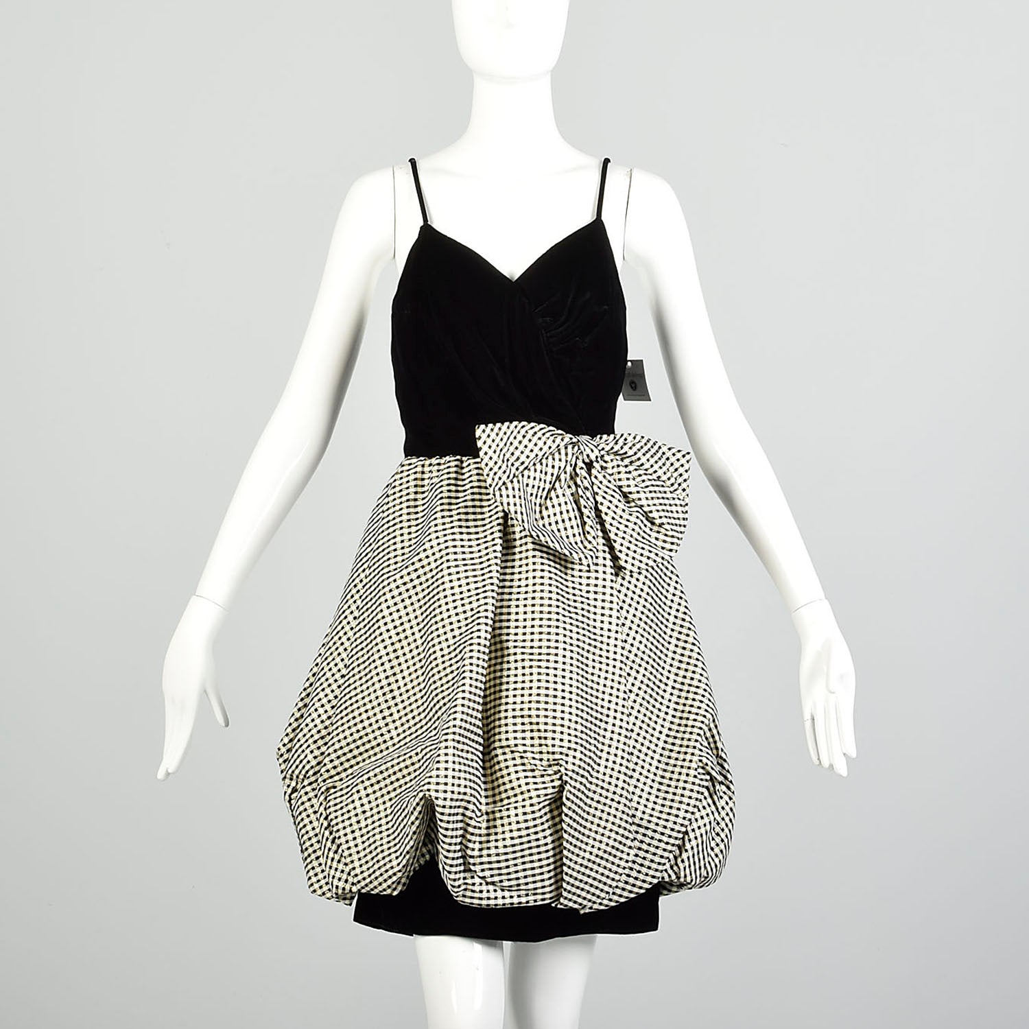 XS 1980s Black Velvet Metallic Gold Sleeveless Bubble Hem Party Dress