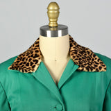 Medium 1950s Green Skirt Suit with Faux Leopard Collar