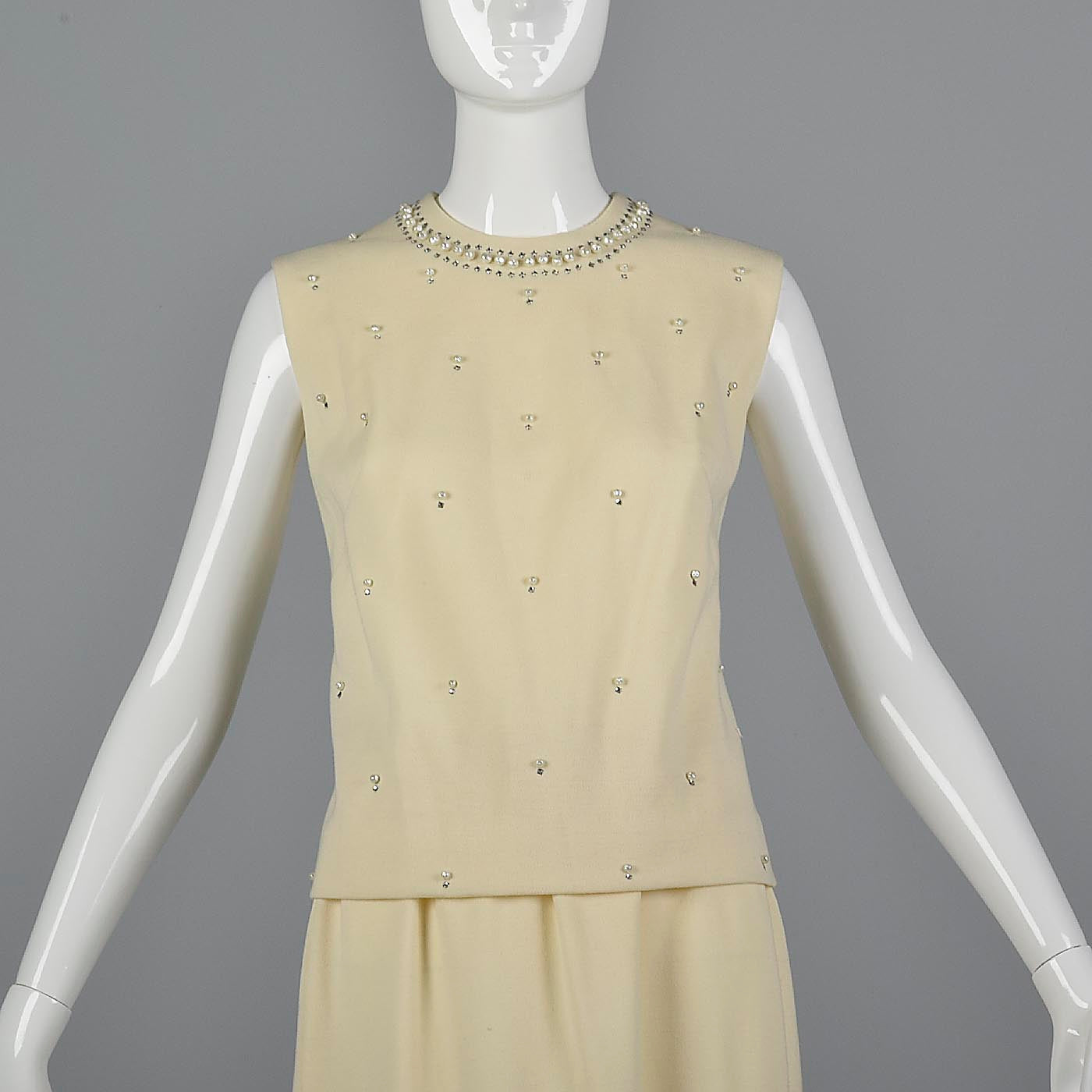 1960s Two Piece Cream Knit Set with Rhinestone Details