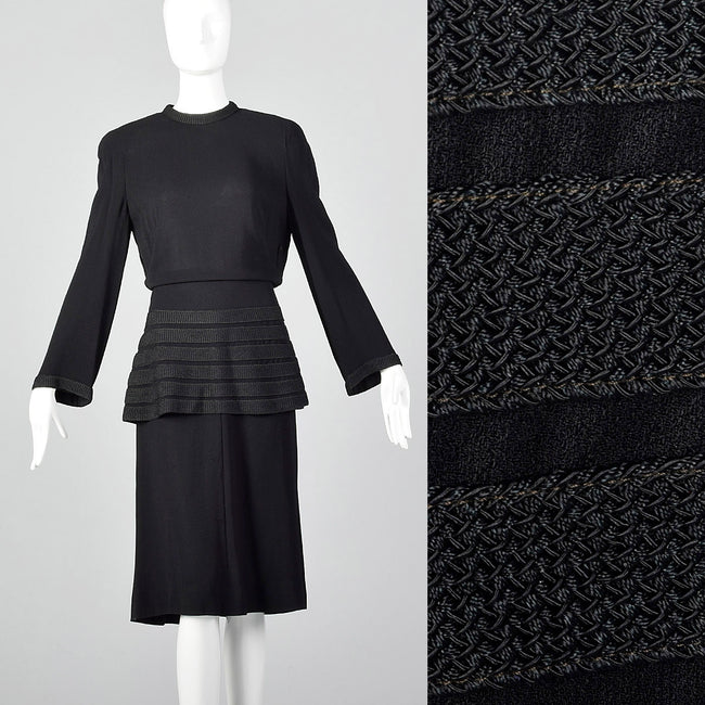 1940s Black Peplum Dress with Woven Stripe Trim