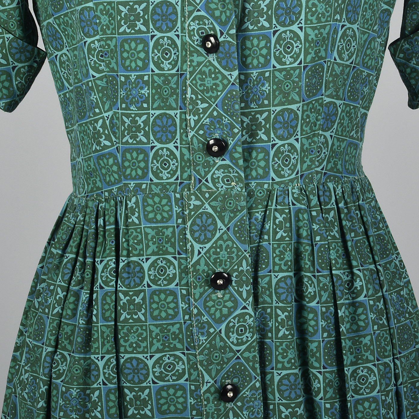 1950s Teal Print Cotton Day Dress