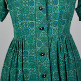 1950s Teal Print Cotton Day Dress