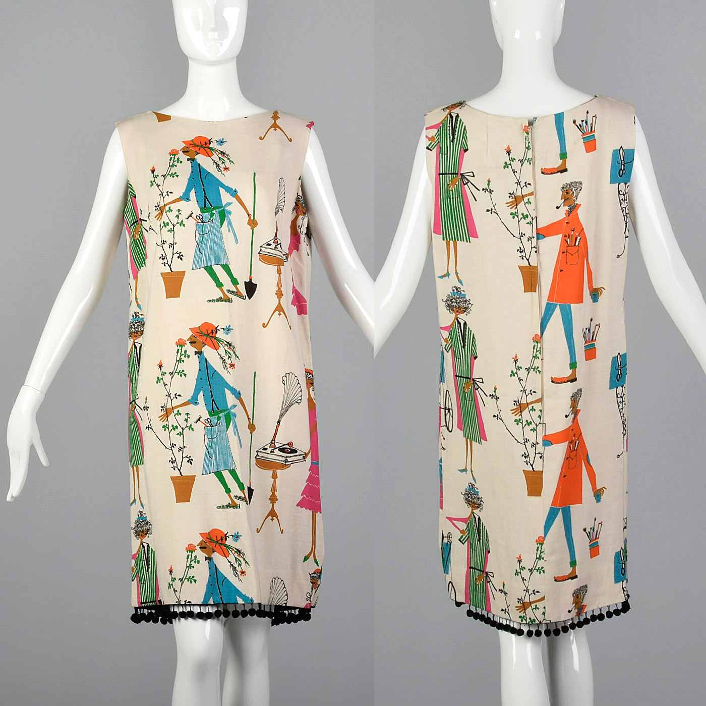 1960s Deadstock Novelty Print Shift Dress with Pom Pom Hem