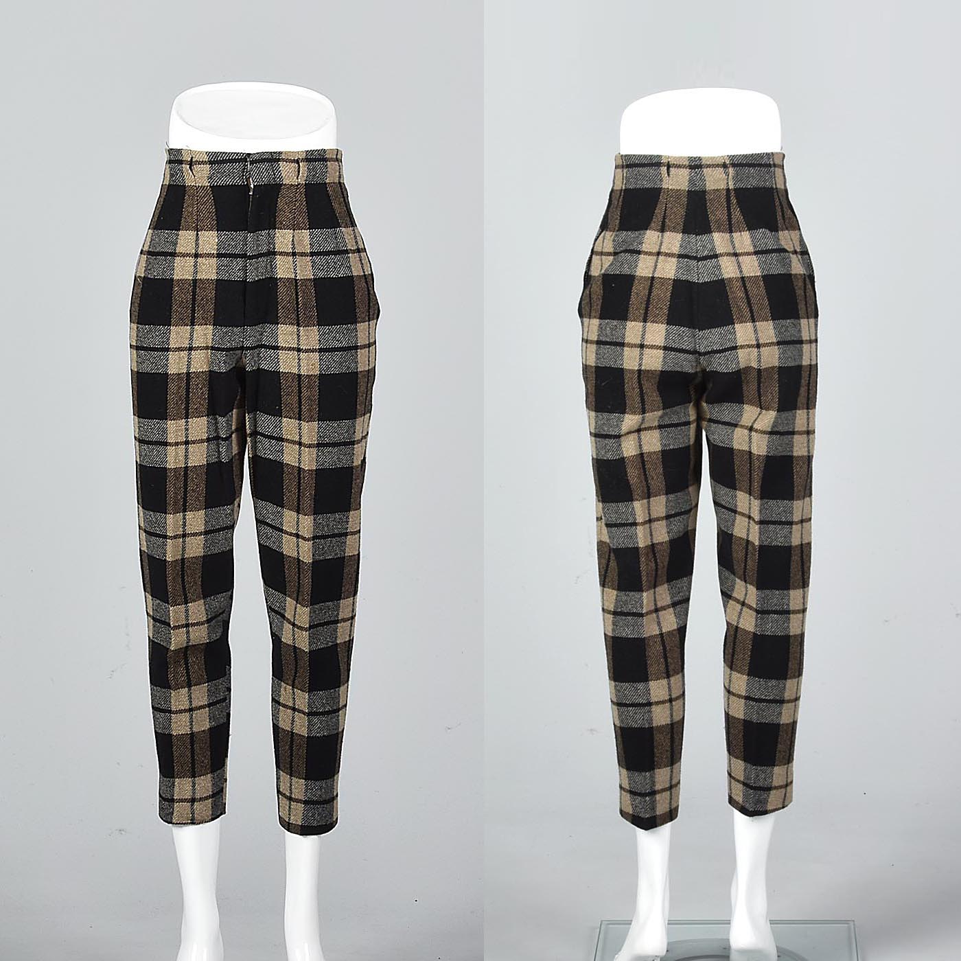 1960s Wool Cigarette Pants in Black and Brown Plaid