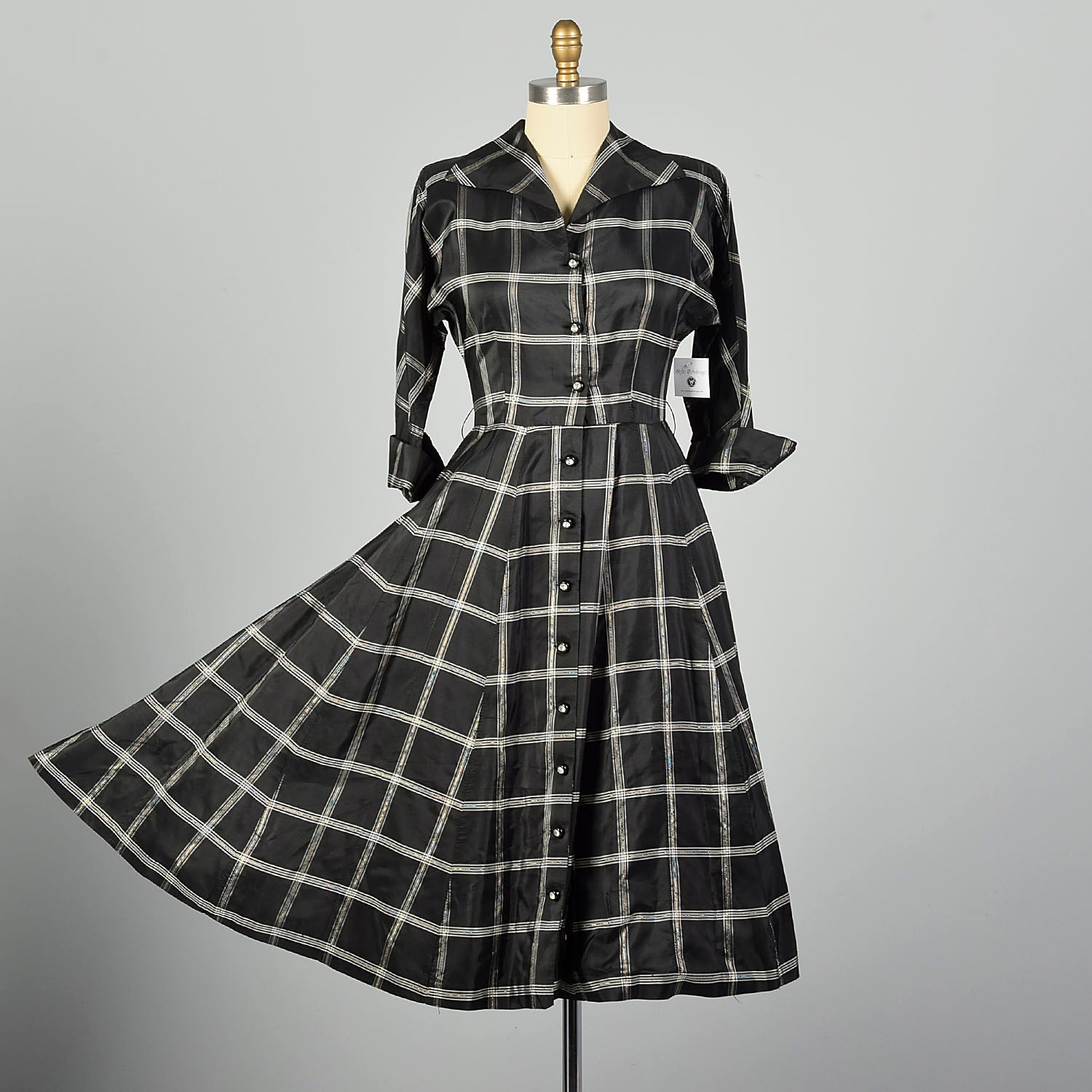 Medium 1950s Dress Black Taffeta Hourglass Plaid Cocktail Party Dress