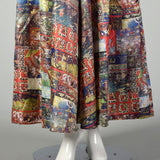 XS Maxi Dress 1970s Tie Back Waist Flowy Novelty Print