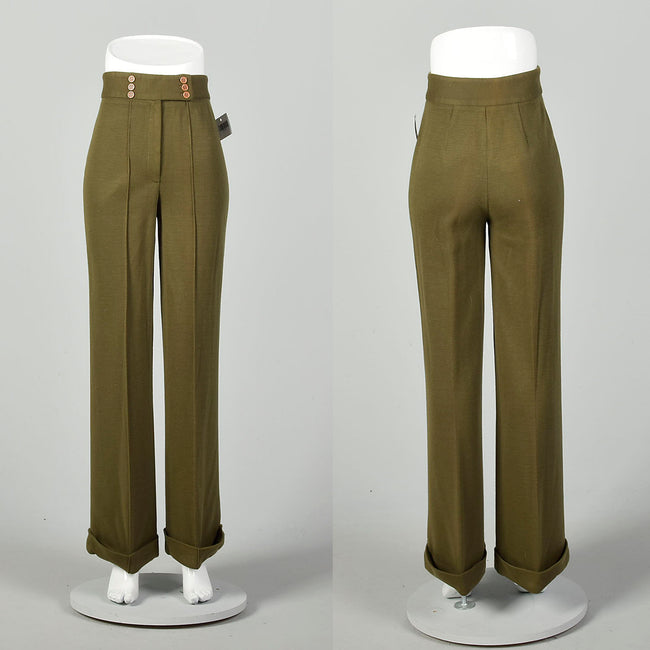 Small 1970s Green Knit Pants Hippie High Rise Wide Leg Boho Bell Bottoms