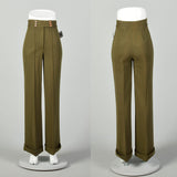 Small 1970s Green Knit Pants Hippie High Rise Wide Leg Boho Bell Bottoms
