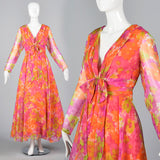 1970s Pink Floral Long Sleeve Maxi Dress