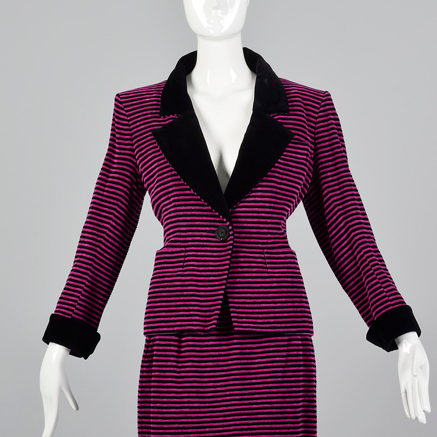Yves Saint Laurent Rive Gauche Black & Fuchsia Striped Corduroy Skirt Suit