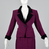 Yves Saint Laurent Rive Gauche Black & Fuchsia Striped Corduroy Skirt Suit