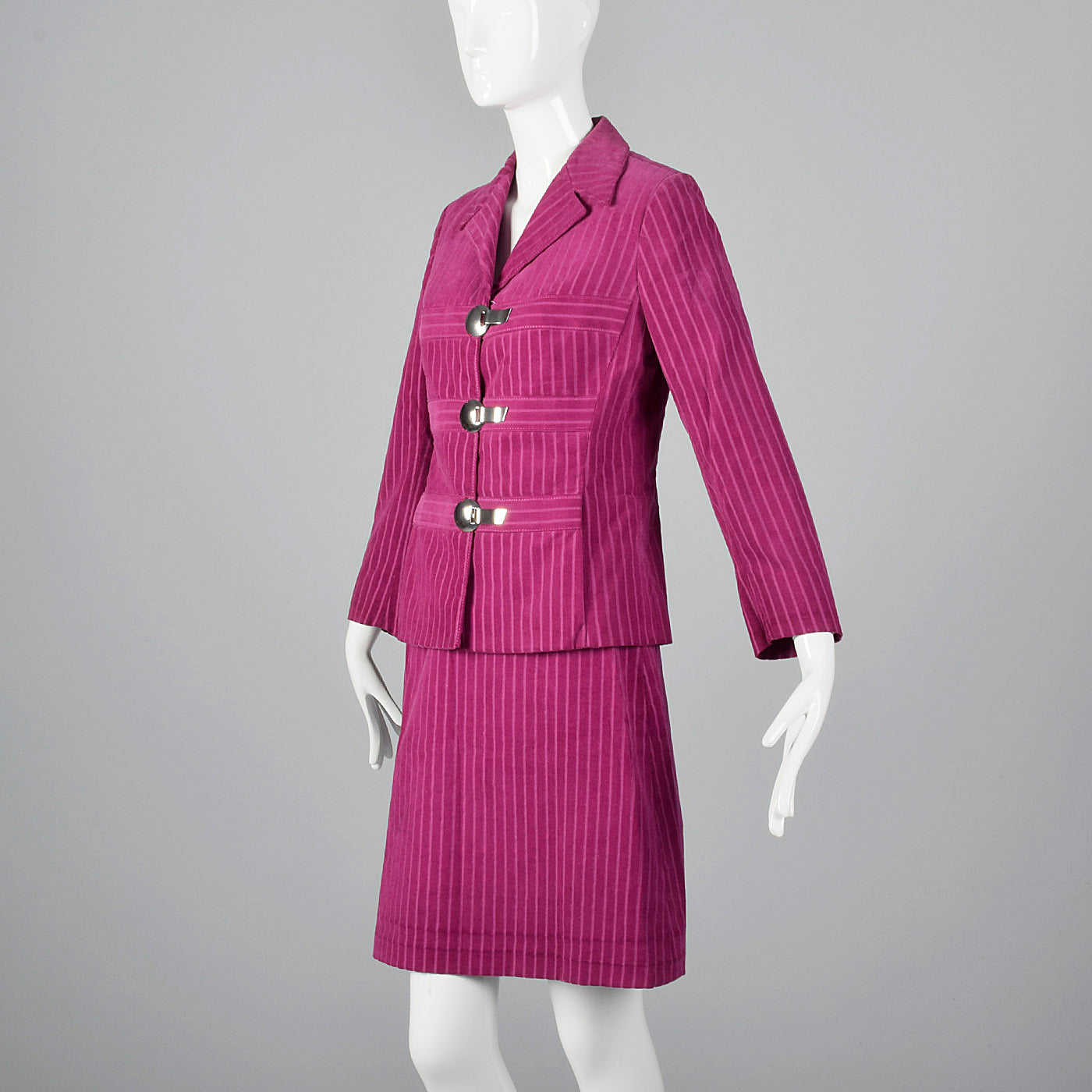 1960s Pink Corduroy Skirt Suit with Mod Silver Clasp Closures