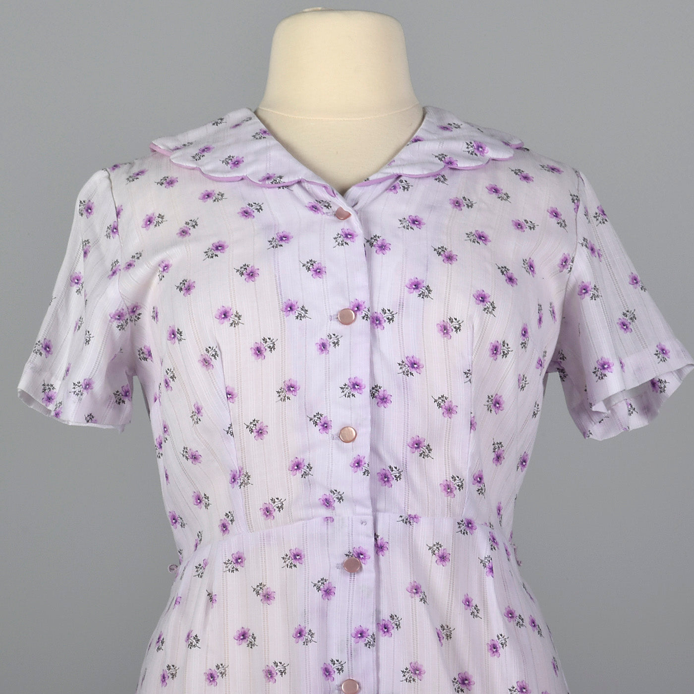 1950s Purple Floral Dress with Scallop Collar