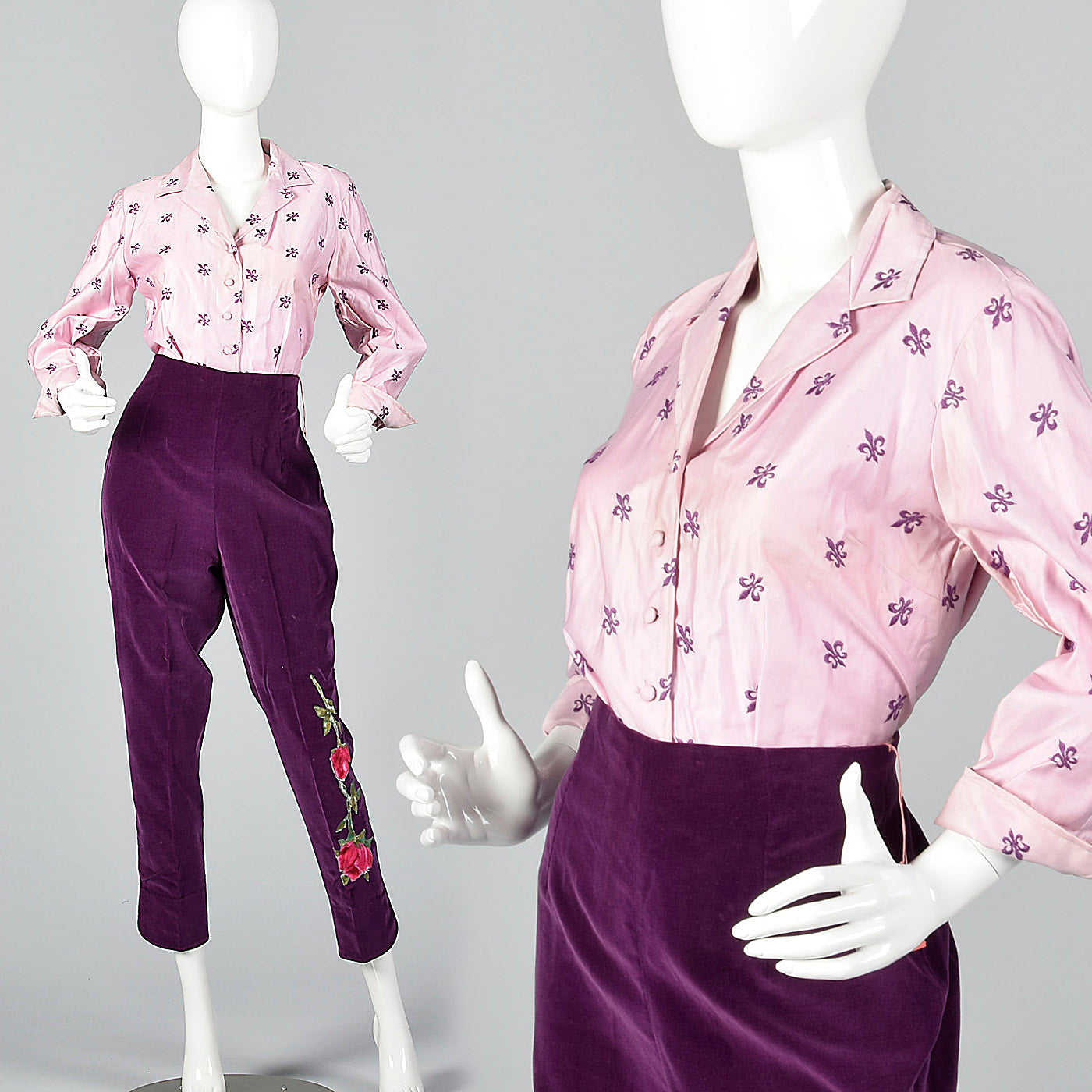 1960s Embroidered Blouse with Velvet Cigarette Pants