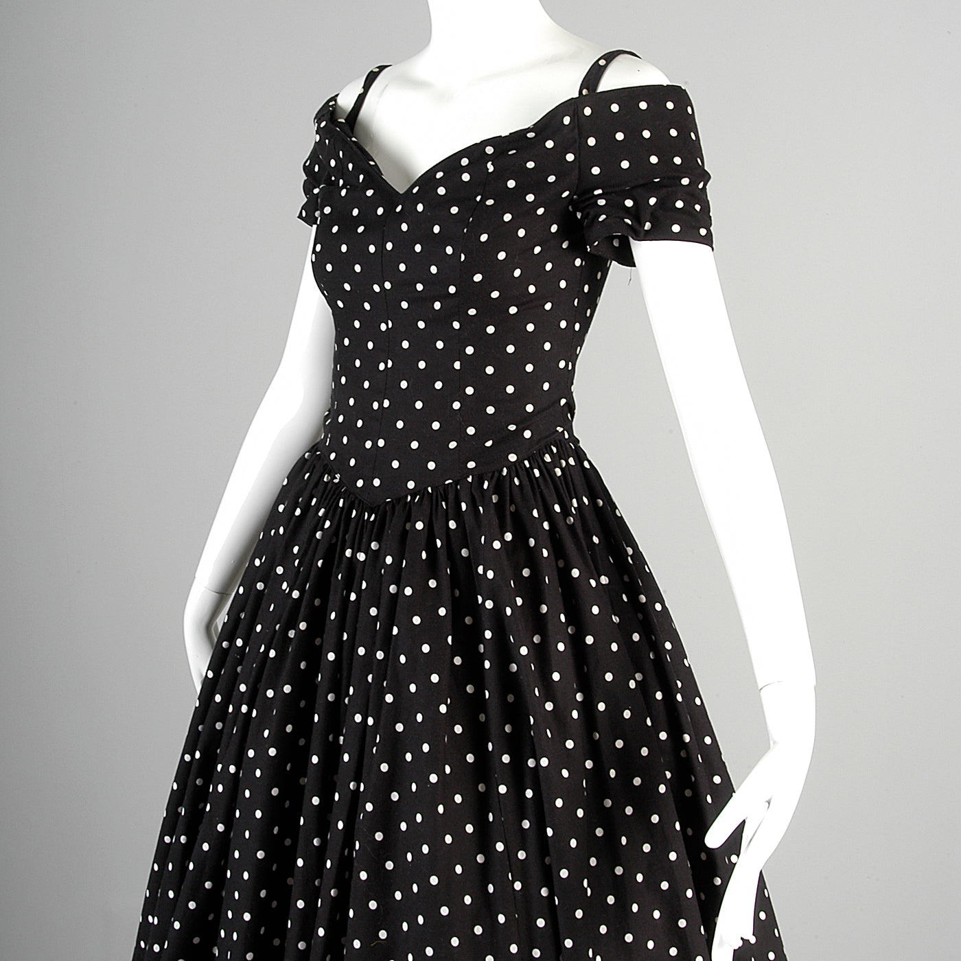 1980s I. Magnin Off Shoulder Party Dress in Black with White Polka Dots