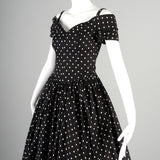 1980s I. Magnin Off Shoulder Party Dress in Black with White Polka Dots
